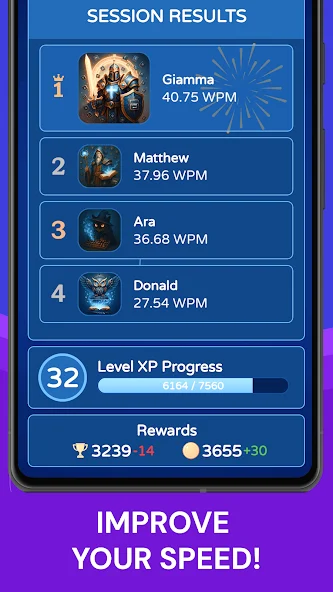 Type Race multiplayer session results showing player WPM, XP progress, and rewards