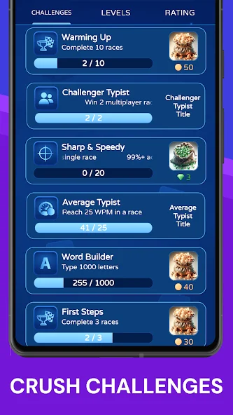 Type Race challenge list for races, multiplayer wins, accuracy, WPM, and letters typed