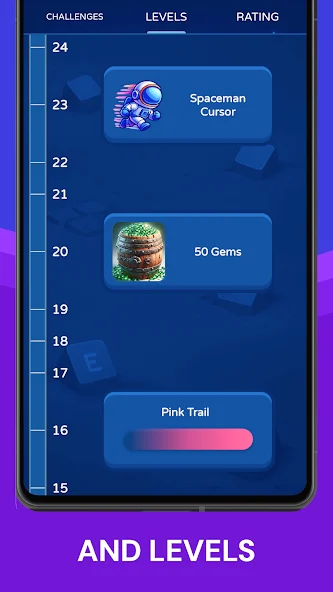Type Race level ladder with cursor, gem, and trail rewards
