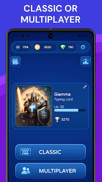 Type Race home screen with Classic and Multiplayer typing game modes