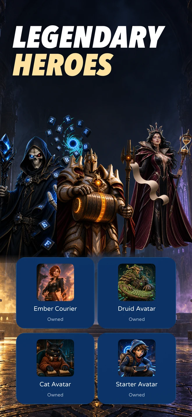 Legendary heroes: Paladin, Queen, and Wizard above the Ember Courier, Druid, Cat, and Starter avatar collection