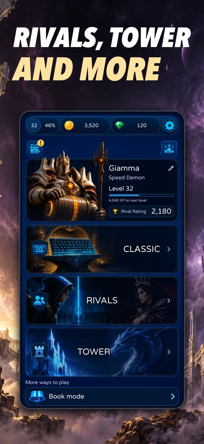 Rivals, Tower and more: Type Race home screen with Classic, Rivals, Tower, and Book mode