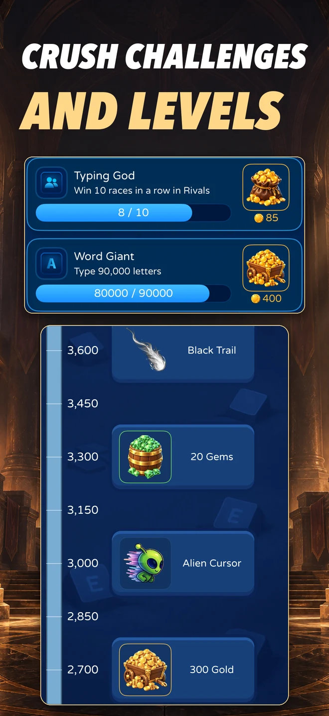 Crush challenges and levels: Typing God and Word Giant challenges above rating rewards for trails, gems, cursors, and gold