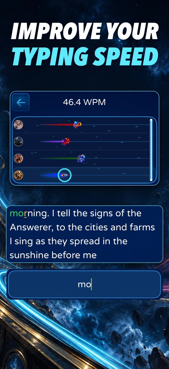 Improve your typing speed: Type Race rivals race with live WPM, a typing passage, and active input