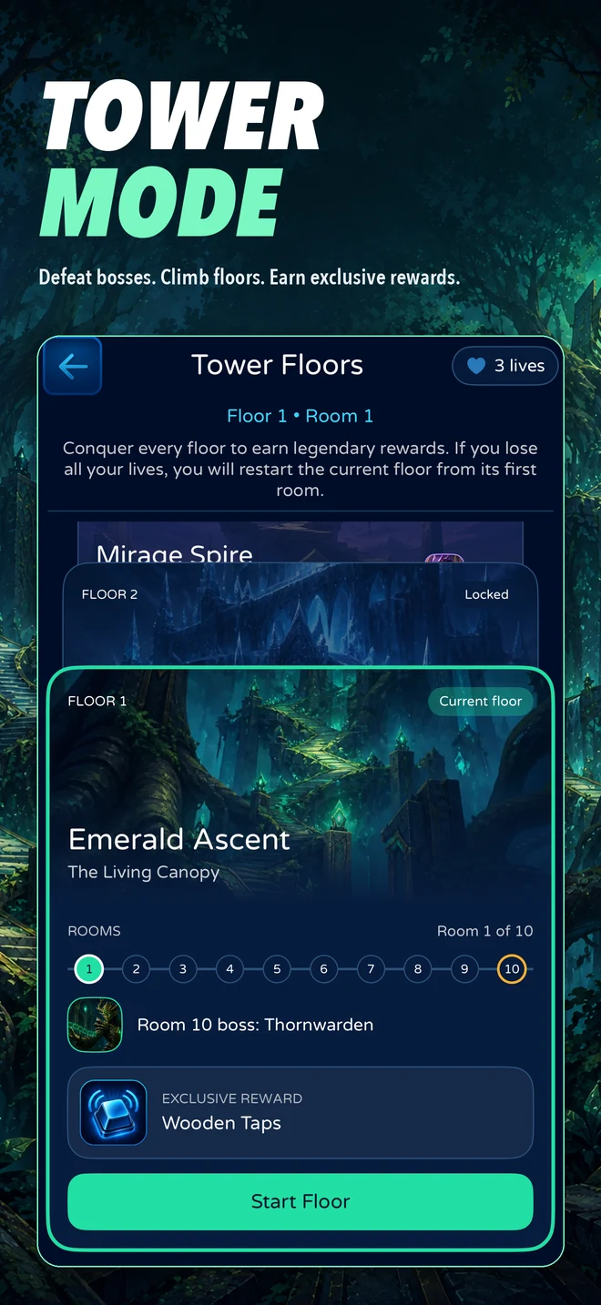Tower mode: the Emerald Ascent floor, ten rooms, Thornwarden boss, and an exclusive Wooden Taps reward